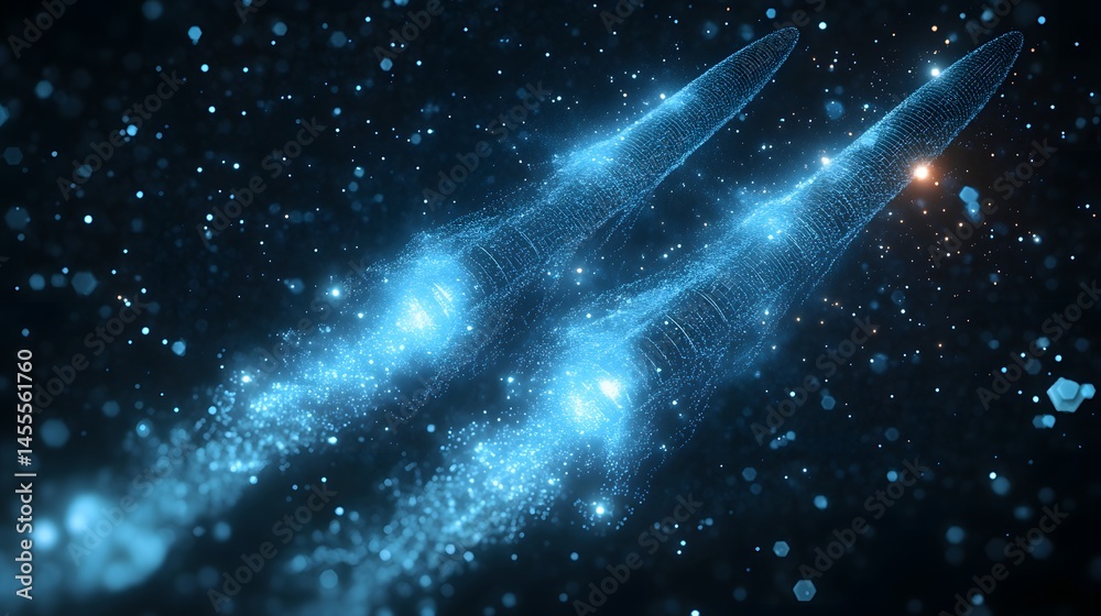 Aufkleber Dynamic blue particles form ethereal comets against a bokeh backdrop. Evokes cosmic energy and technological prowess. Abstract Digital low-poly wireframe connected dots in dark blue.