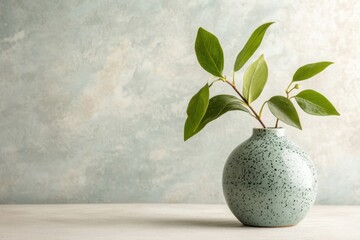 Minimalist Still Life of Green Leaves in a Speckled Vase against a Textured Background