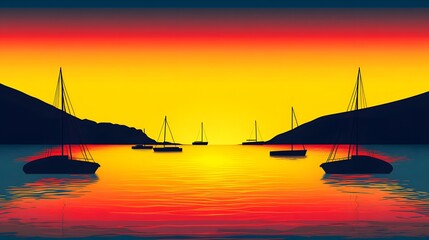 Sailboats are silhouetted in the bay during a beautiful sunset