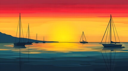 Sailing boats reflected on the ocean surface during a vibrant sunset