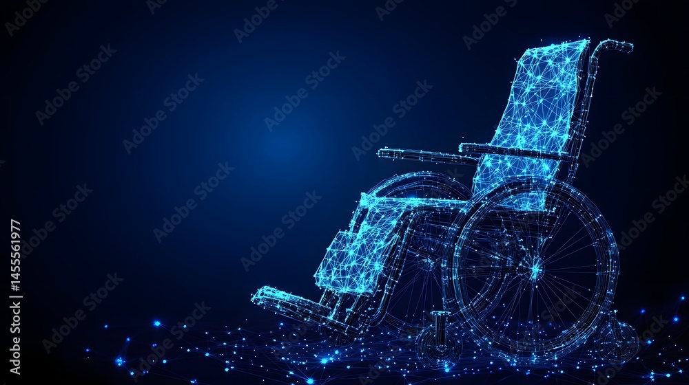 Poster Futuristic wheelchair design rendered as a glowing network, symbolizing technological advancements and accessibility. Abstract Digital low-poly wireframe connected dots in dark blue