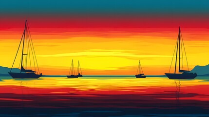 Several sailboats at sea are under a colorful sunset sky