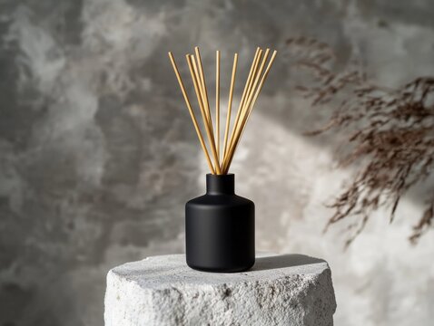 Matte Black Modern Diffuser â€“ A bold, matte black diffuser bottle with golden reed sticks is placed on a white stone pedestal, standing out in sharp contrast