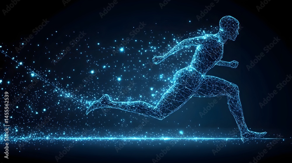 Aufkleber dynamic runner depicted in a vibrant blue wireframe, propelled by a trail of light against a dark ba