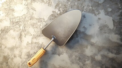 A metal trowel tool lies on a weathered textured wall