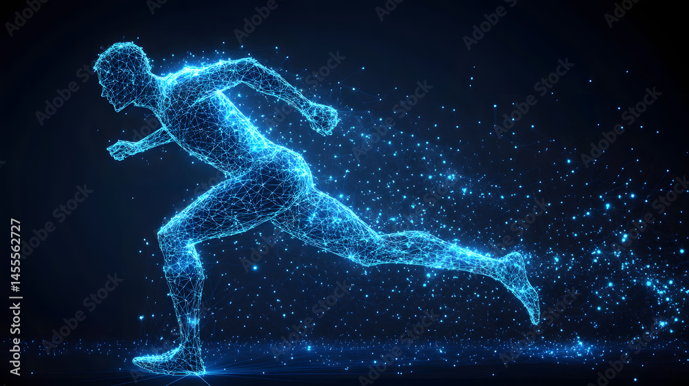 Poster Futuristic runner concept. A dynamic, abstract figure comprised of blue dots and lines sprints forward. Expresses speed and energy. Abstract Digital low-poly wireframe connected dots in dark blue