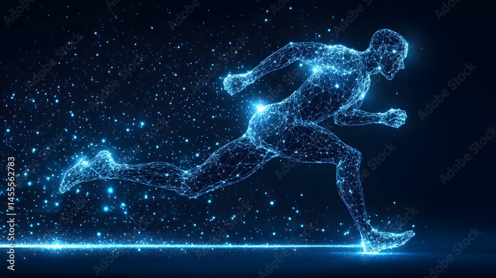 Poster Dynamic digital runner, energized, glowing form in motion. A vibrant display of technology and athleticism. Abstract Digital low-poly wireframe connected dots in dark blue