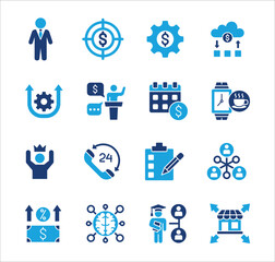Business management flat icon set. Contains icon of businessman, target, accounting, finance, profit, success, data, service, information, work, store, meeting, education, idea. Vector illustration
