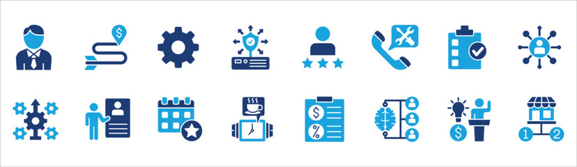 Business and management icon set. Contains symbol of businessman, target, finance, financial, success, data, customer service, work, money, store, shop, meeting, education, idea. Vector illustration