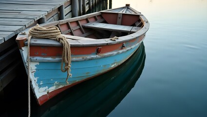 Tranquil Dockside: An aged, colorful rowboat gently rests beside a weathered wooden dock on a calm body of water. the scene is perfect for conveying the tranquility of the ocean.