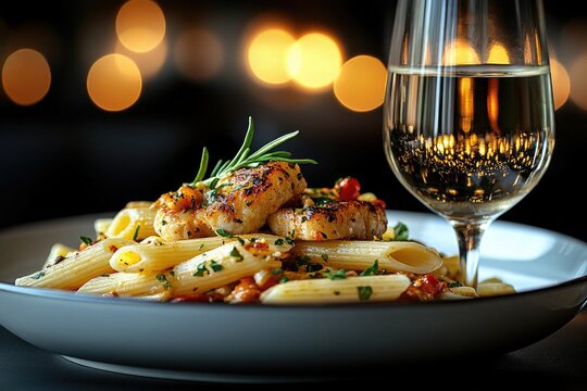 Penne pasta with chicken, tomato sauce, rosemary, glass of wine, and bokeh. Perfect for blogs, restaurant menus, or advertising fresh food.