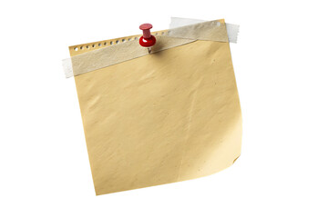 A yellow sticky note attached with tape and a red push pin on a black isolated background image view