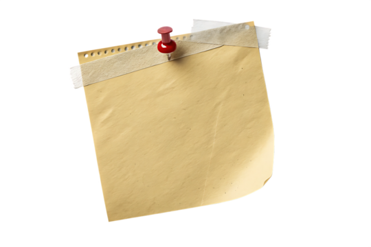 A yellow sticky note attached with tape and a red push pin on a black isolated background image view