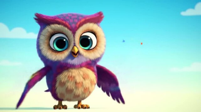 "A cute 3D cartoon owl with big round eyes and soft fluffy feathers