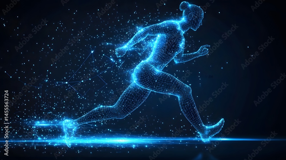 Poster Dynamic blue wireframe of a sprinting person conveys motion and technology. Perfect for digital art, science, and futuristic themes. Abstract Digital low-poly wireframe connected dots in dark blue.