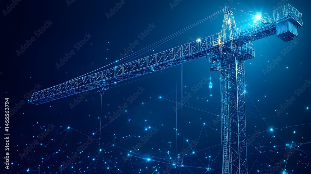 Poster Futuristic construction crane design. Technical blueprint style with interconnected grid. Modern, high-tech visual. Abstract Digital low-poly wireframe connected dots in dark blue