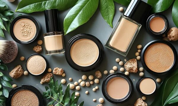 A flat lay of various cosmetic products surrounded by natural elements on a neutral background