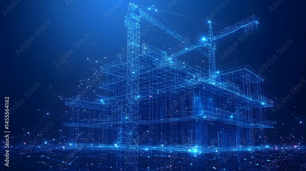 Aufkleber Blue wireframe building under construction with cranes. Abstract Digital low-poly wireframe connected dots in dark blue.