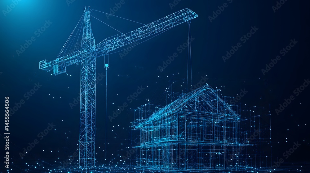Aufkleber futuristic construction concept featuring a glowing blue crane and building frame. modern infrastruc