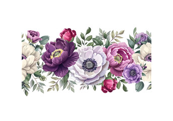 Watercolor floral pattern with burgundy and white peonies, roses