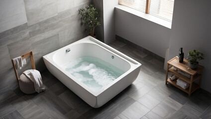Top View of Gray Tile Floor Bathroom with Modern Design Elements