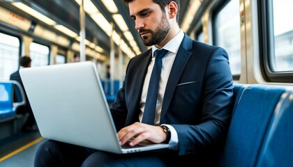 A businessman working on his laptop on a train, concentrating and focused. The interior of the train is visible with its seats and windows