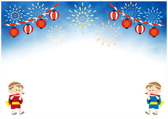 笛を吹いている子供と夏祭りの背景イラスト