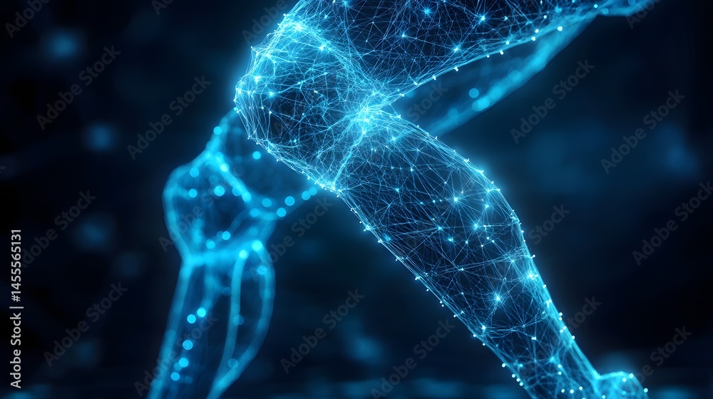 Poster futuristic glowing blue legs in a dark void. abstract digital low-poly wireframe connected dots in d