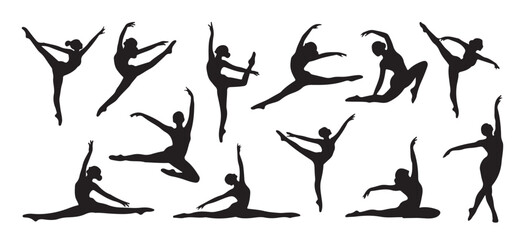 Silhouette set of female gymnast and ballerina in flexible dance poses for elegant movement illustration 
