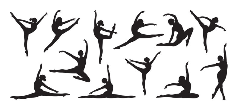 Silhouette set of female gymnast and ballerina in flexible dance poses for elegant movement illustration 