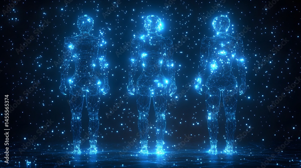 Poster Futuristic figures float, glowing in digital space. Mesmerizing tech scene. Abstract Digital low-poly wireframe connected dots in dark blue.