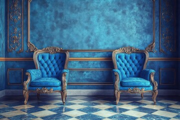 Luxurious royal blue room with ornate armchairs.