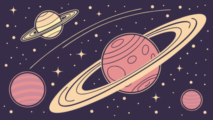 Stylized planets and rings in space retro design