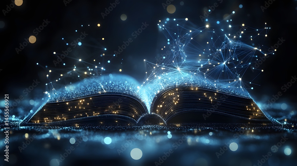 Poster a digitally illuminated book births a network of knowledge, glowing with wisdom and modern design. a