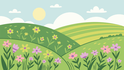 Spring landscape illustration with rolling hills and flowers