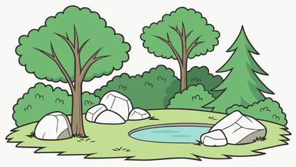 Fototapeta premium Cartoon illustration of a tranquil forest pond scene