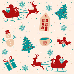 Fototapeta premium Seamless Christmas pattern with snowflakes, reindeer, holly, and ornaments in traditional red, green, and white. 