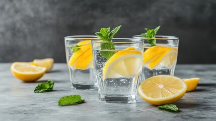 Refreshing Lemon Water with Mint in Glasses on a Gray Surface, Healthy Drink for Summer Days