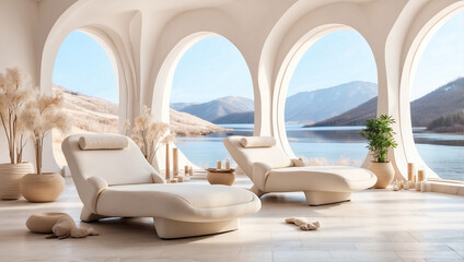 Obraz na płótnie Canvas Charming White and Beige Spa Interior with Lounge for Tranquility