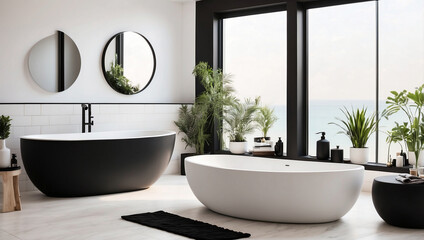 Stylish White and Black Bathroom Corner with Tub for Modern Comfort