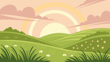 Obraz premium Cartoon green hills with flowers and sunrise in a soft pastel sky