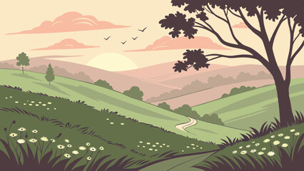 Peaceful sunset over rolling hills with path and trees