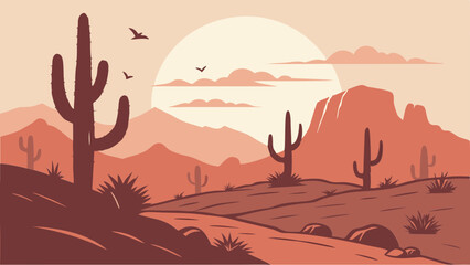 Cactus desert landscape at sunset with mountains in vector illustration
