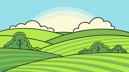 Obraz premium Cartoon green landscape vector with trees, hills, and sunrise in background