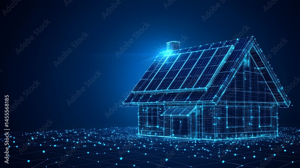 Poster futuristic home with solar panels depicted in a glowing blue wireframe against a dark blue backdrop.