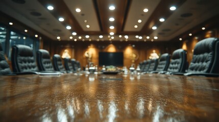 Fototapeta premium Modern Conference Room with Polished Wooden Table and Leather Chairs for Business Meetings