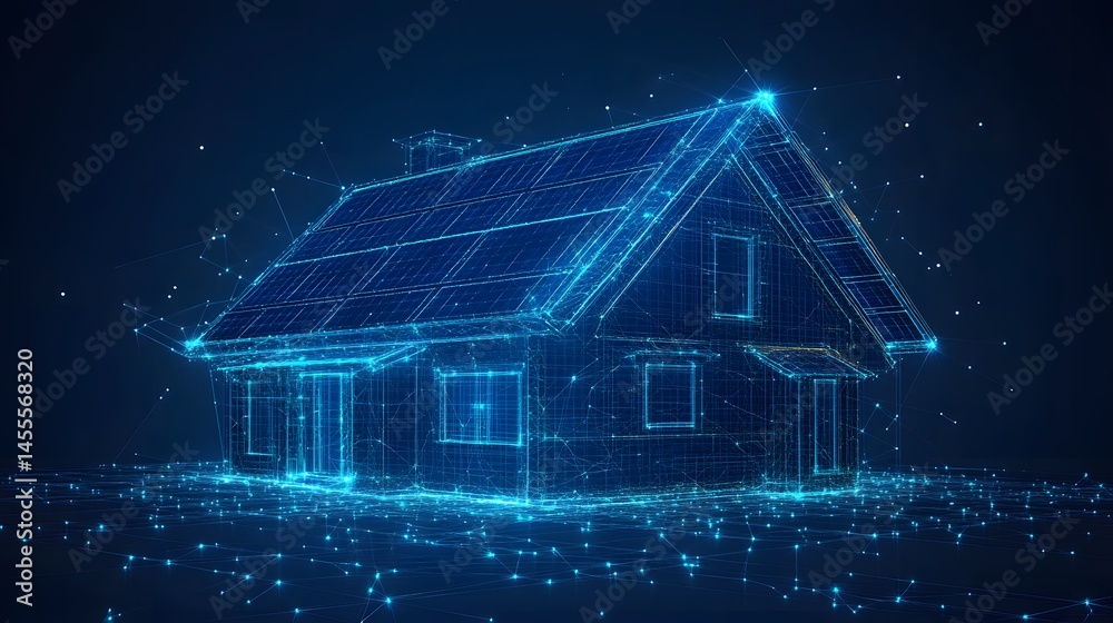Aufkleber futuristic house design with glowing blue lines and solar panels. abstract digital architecture. low