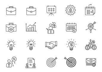 Simple flat business icon set in black and white, featuring clean line symbols on white background, perfect for modern professional design use.