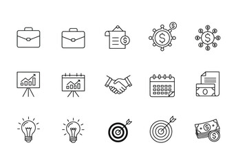 Simple flat business icon set in black and white, featuring clean line symbols on white background, perfect for modern professional design use.