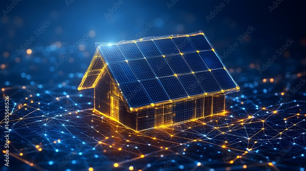 Fototapete futuristic home design with grid-like solar panels glows with orange light against a networked dark 